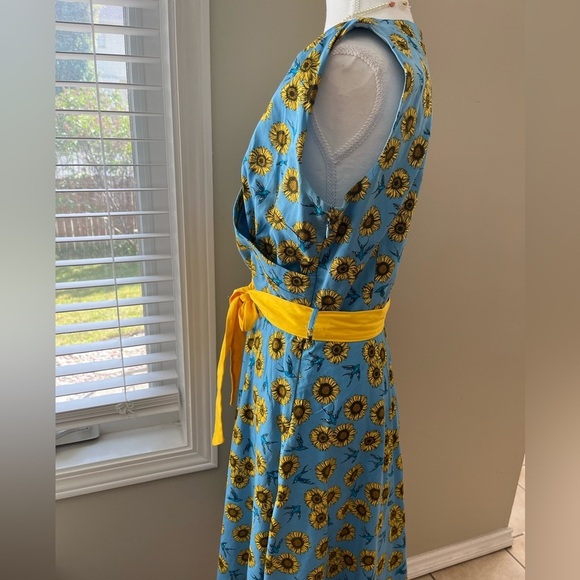 [US10]Lindy Bop Stephanie Sunflower Bird Blue Mid Dress Waist Belt V Done - Picture 7 of 13